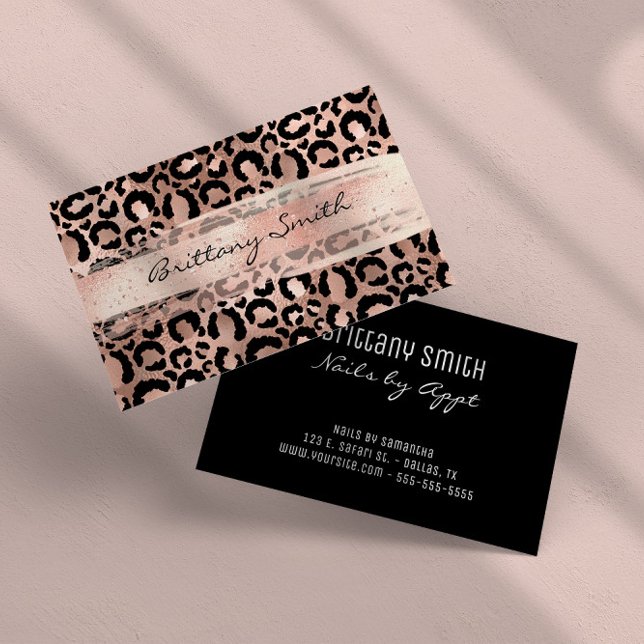 Faux Ro Gold Foil Leopard  Brush Stroke Visitkort (Faux Rose Gold Foil Leopard Blush Brush Stroke Business Card)