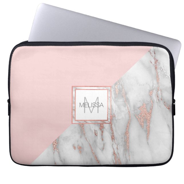 Faux Ro Gold Foil Marble  Rosa MONOGRAM Laptop Fodral (Framsidan)