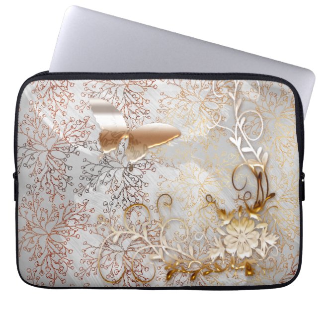 Faux Ro Guld blommigt  swirrl Butterfly Laptop Fodral (Framsidan)