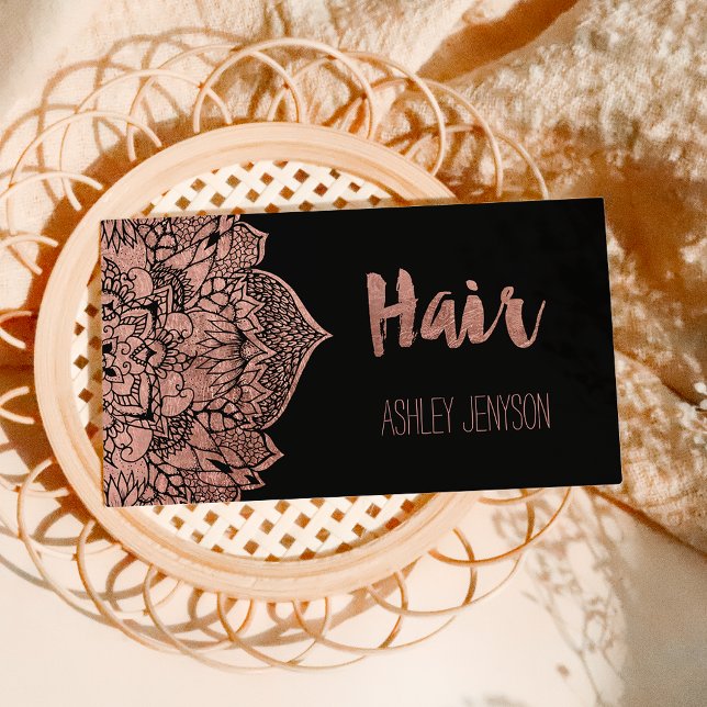Faux ro guld boho blommigt mandala hair typography visitkort (Skapare uppladdad)