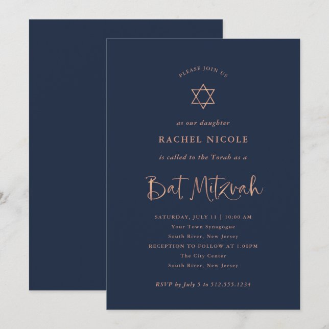 Faux Ro Guld Calligraphy on Navy | Bat mitzvah Inbjudningar (Fram/baksida)