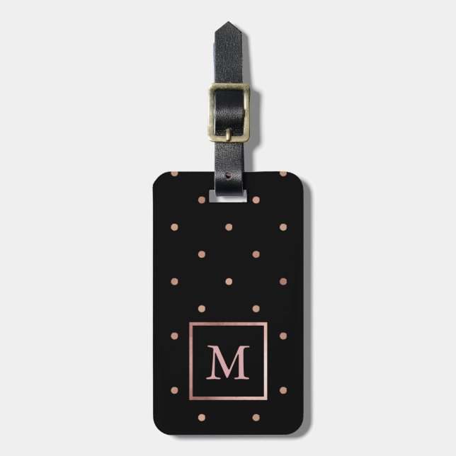 Faux Ro Guld Dots on Black med Monogram Bagagebricka (Vertikal Framsida)