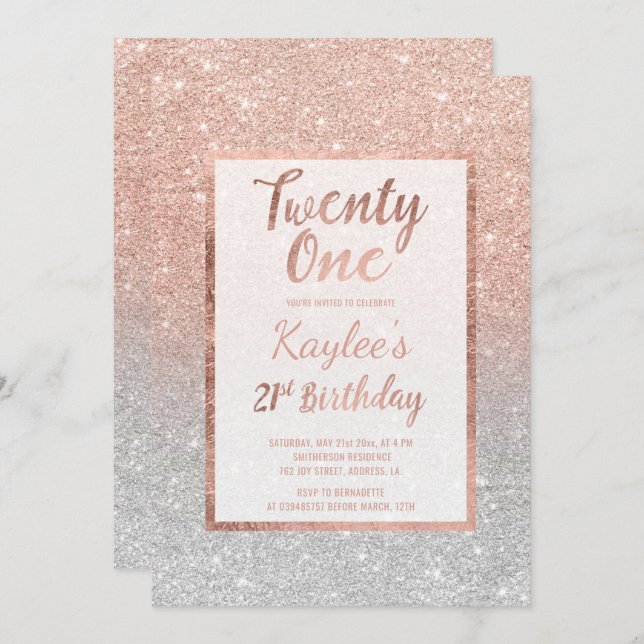 Faux ro guld faux glitter silver chic 21:a födelse inbjudningar (Fram/baksida)