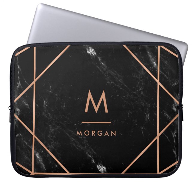 Faux Ro Guld Geometric | Black Marble Titta Laptop Sleeve (Framsidan)