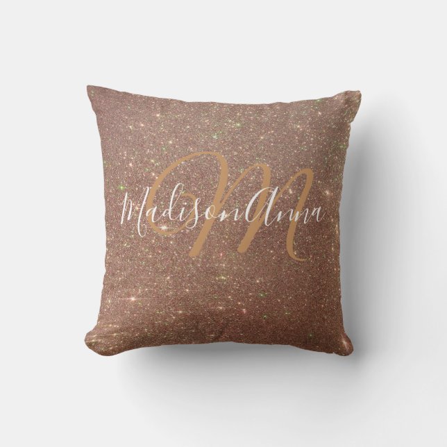 Faux Ro Guld Glitter 3 med Monogram och Namn Kudde (Framsida)