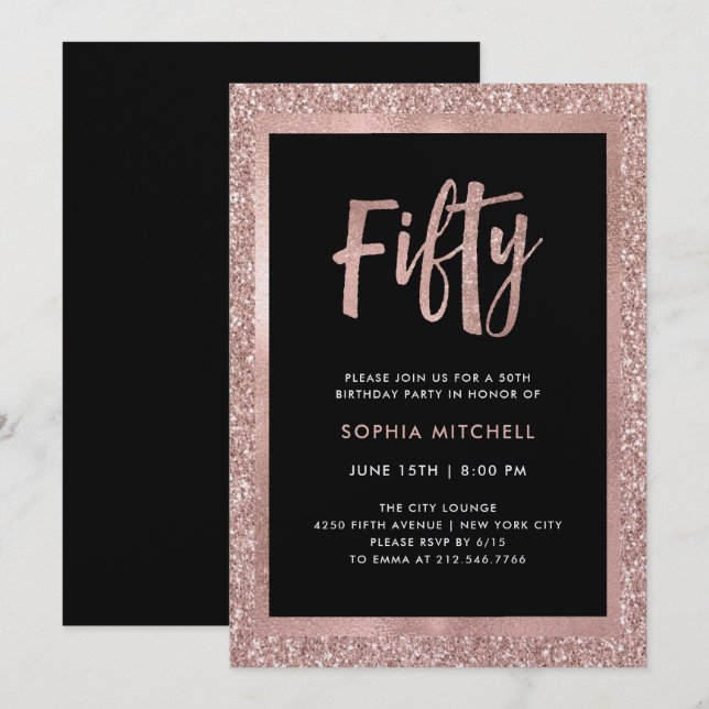 Faux Ro Guld Glitter | 50:e Födelsedagsfesten Inbjudningar (Fram/baksida)