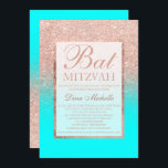 Faux ro guld glitter aqua chic Bat mitzvah Inbjudningar<br><div class="desc">En modern,  söt chic och elegant för duschmunbb i ro guld glitter med färg som Bat mitzvah inbjudan till ro guld i mönster i elegant att tona ut på akvamakbakgrund med guld och ram Perfekt Bat mitzvah  i  för en prinsessa</div>