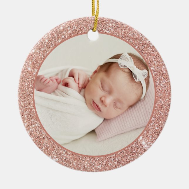 Faux Ro Guld Glitter Baby, första julfoto Julgransprydnad Keramik (Framsidan)