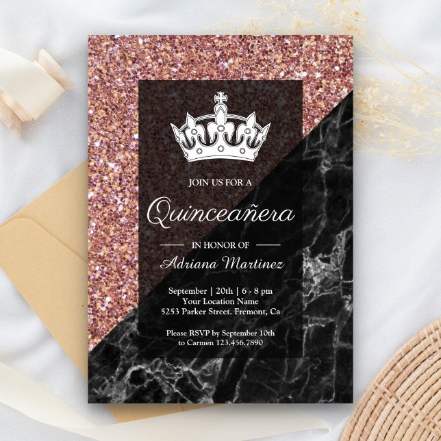 Faux Ro Guld Glitter Black Marble Quinceanera Inbjudningar (Skapare uppladdad)