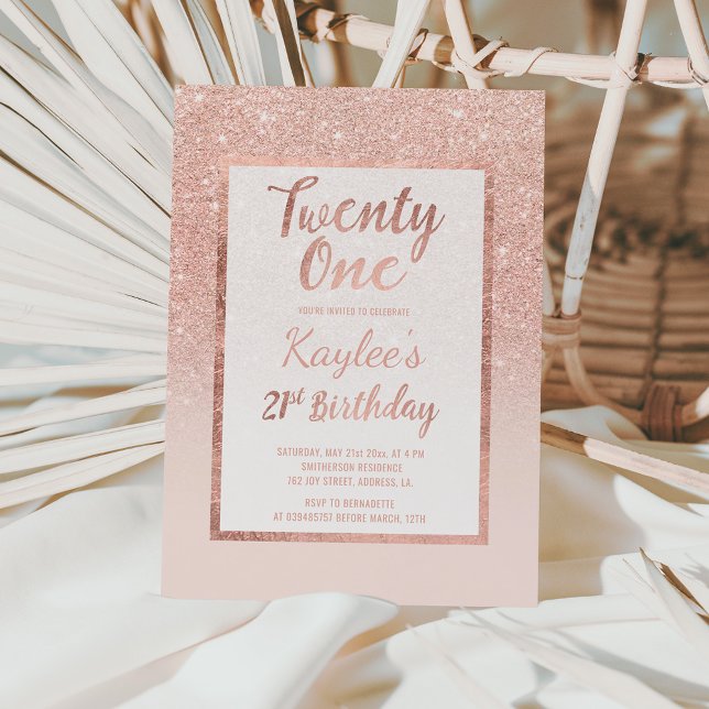 Faux ro guld glitter elegant chic 21:a födelsedag inbjudningar (Skapare uppladdad)
