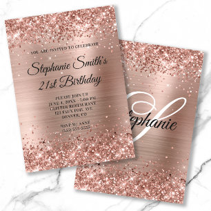 Faux Ro Guld Glitter Foil Monogram 21:a födelsedag Inbjudningar