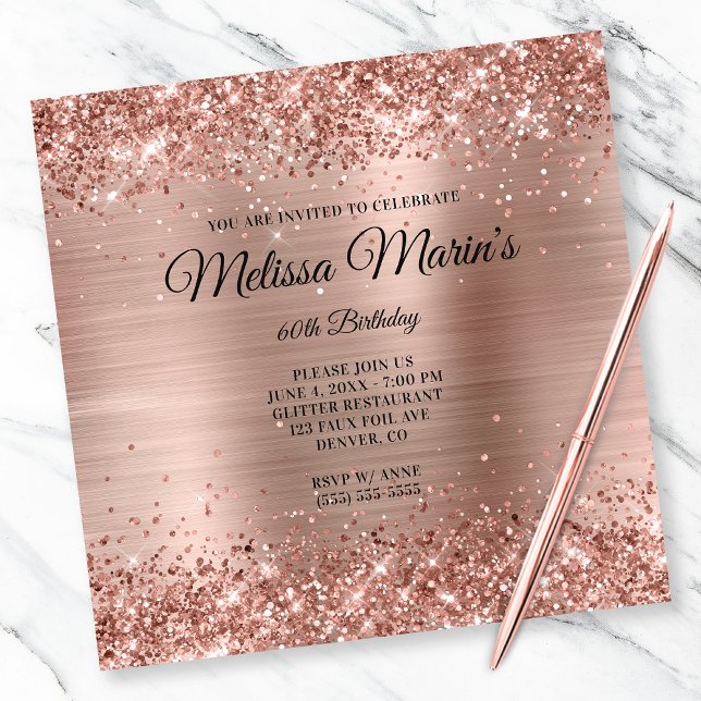 Faux Ro Guld Glitter Foil Monogram 60:e födelsedag Inbjudningar (Create your own milestone birthday invitation for her.)