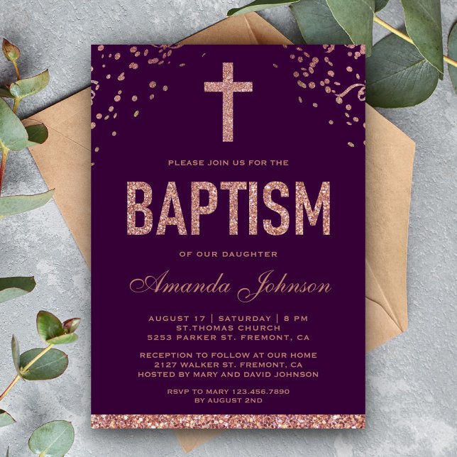 Faux Ro Guld Glitter Girls Lila Baptism Inbjudningar (Skapare uppladdad)