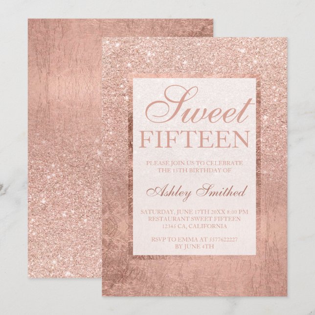 Faux ro guld glitter löv elegant chic Sweet 15 Inbjudningar (Fram/baksida)