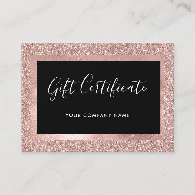 Faux Ro Guld Glitter och Black Gift Certificate Rabattkort (Framsida)
