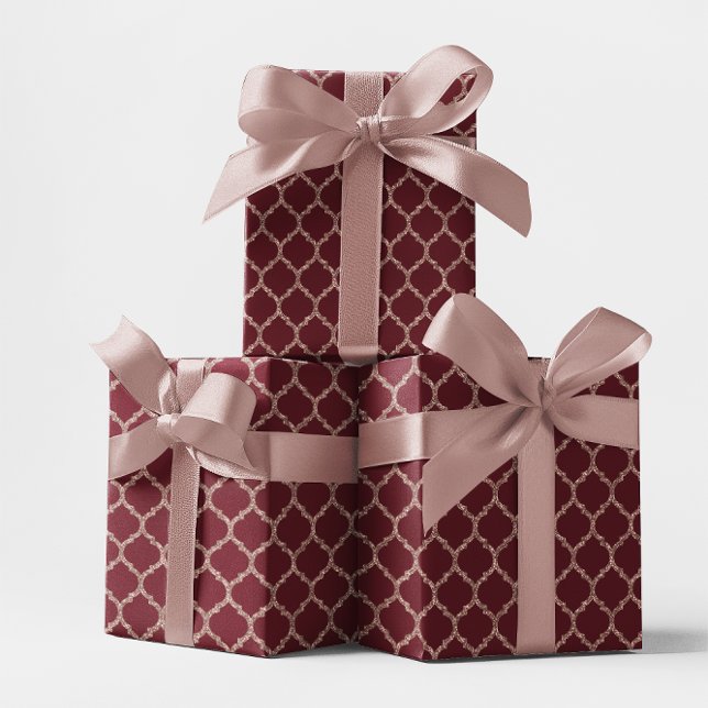 Faux Ro Guld Glitter och Burgundy Quatrefoil Presentpapper (Faux Rose Gold Glitter and Burgundy Quatrefoil Wrapping Paper)