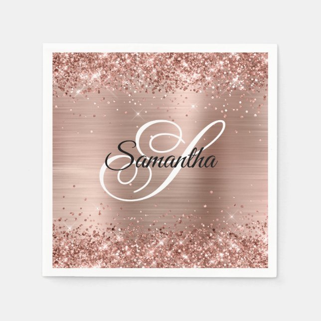 Faux Ro Guld Glitter och Foil Finare Monogram Pappersservett (Framsidan)