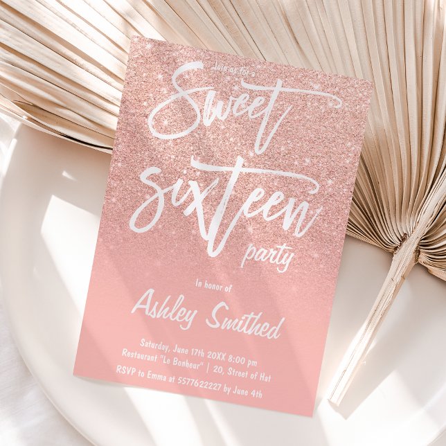 Faux ro guld glitter ombre typography Sweet 16 Inbjudningar (Skapare uppladdad)
