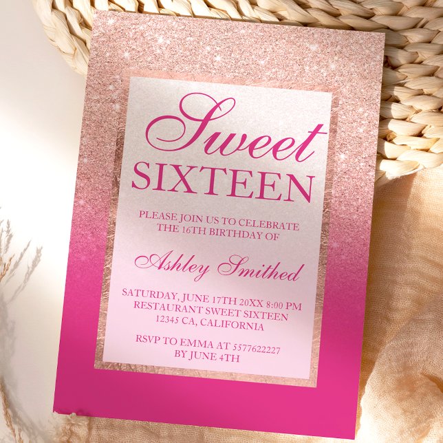 Faux ro guld glitter rosa magenta Sweet 16 Inbjudningar (Skapare uppladdad)