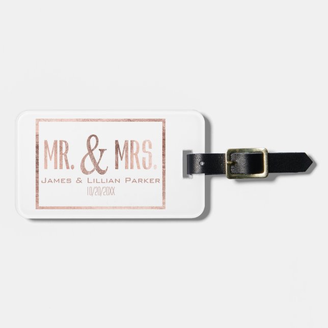Faux Ro Guld Mr. och Monogram Bröllop Bagagebricka (Horisontell Framsida)