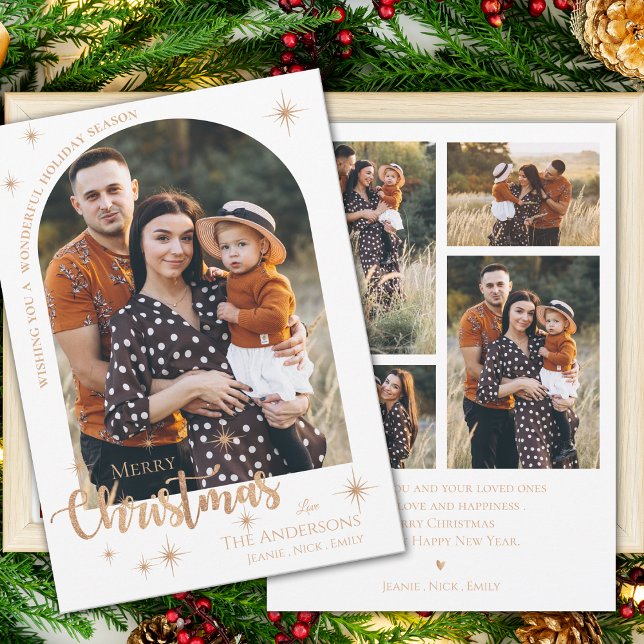 Faux Ro Guld Multi Family Photos God jul Julkort (Faux Rose Gold Multi Family Photos Merry Christmas Holiday Card)