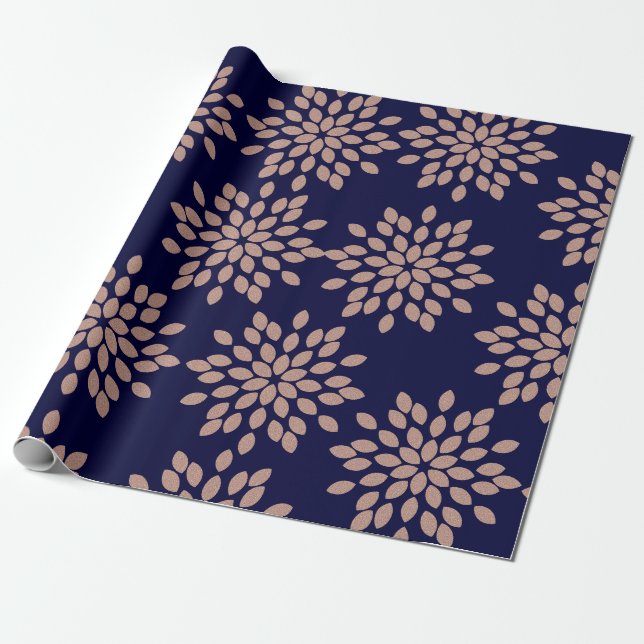 Faux Ro Guld och Navy Blue Blommönster Presentpapper (Utrullad)