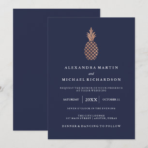 Faux Ro Guld pineapple on Midnight Blue Bröllop Inbjudningar
