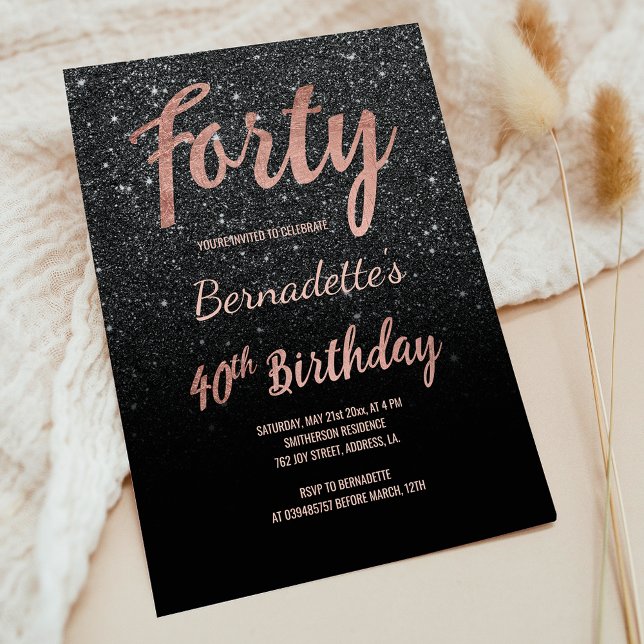 Faux ro guld svart glitter 40:e födelsedag inbjudningar (Faux rose gold black glitter 40th Birthday Invitation)