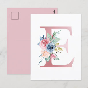 Faux Rosa Foil Brev E Blommigt Monogram Vykort