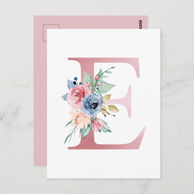 Faux Rosa Foil Brev E  Blommigt Monogram Vykort (Fram/baksida)