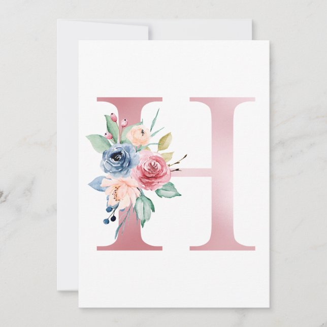 Faux Rosa Foil Brev H  Blommigt Monogram Inbjudningar (Framsida)