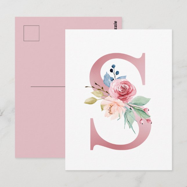 Faux Rosa Foil Brev S  Blommigt Monogram Vykort (Fram/baksida)