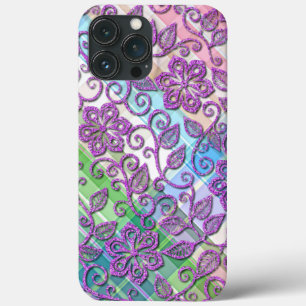 Faux Rosa Glitter Blommigt Art Mönster