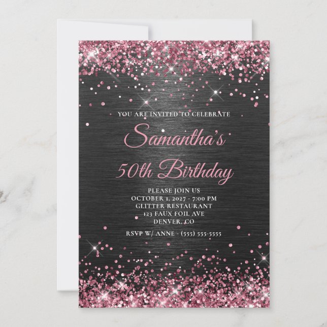 Faux Rosa Glitter och Black Foil 50:e födelsedagen Inbjudningar (Framsida)