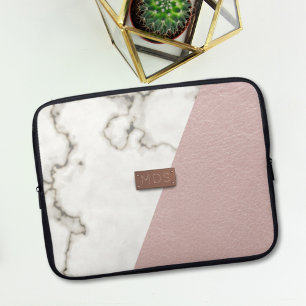Faux Rosa Leather Marble Modern Monogram Laptop Sleeve