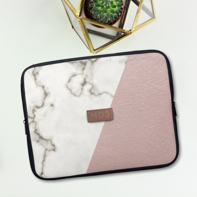 Faux  Rosa Leather Marble Modern Monogram Laptop Sleeve (Add your initials to this cute pink and white modern laptop sleeve)