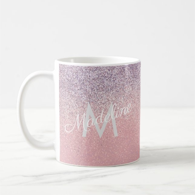 Faux Rosa och Lila Sparkly Glitter Monogrammed Kaffemugg (Vänster)