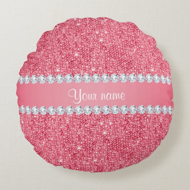 Faux Rosa Sequins and Diamonds Rund Kudde (Framsidan)