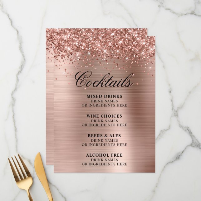 Faux Rose Gold Glitter and Foil Cocktails Bar Meny (Fram/Back In Situ)