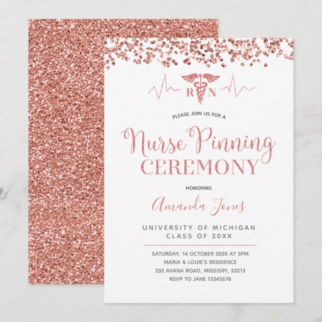 FAUX ROSEGOLD RN Sjuksköterske Pinsam Ceremoni Inbjudningar (Fram/baksida)
