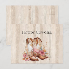 Faux Rustic Cream Wood Rosa ros Cowgirl Boots Vykort