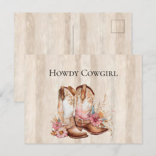 Faux Rustic Cream Wood Rosa ros Cowgirl Boots Vykort