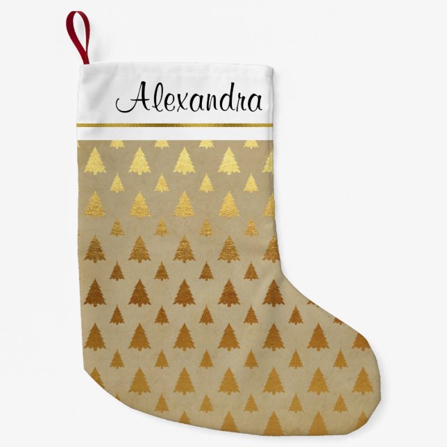 Faux Rustic Gold Foil Julgran Monogram Liten Julstrumpa (Framsidan)