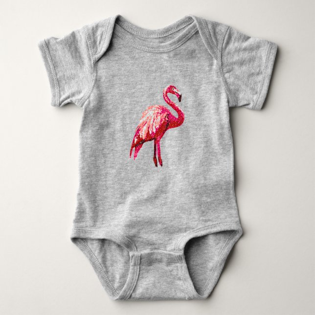 Faux Sequin Prated Tropical Flamingo Bird Baby T Shirt (Framsida)