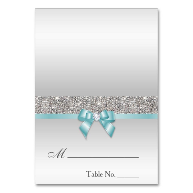 Faux Sequins Light Teal Blue Bow Place Card Bordsnummer (Framsidan)