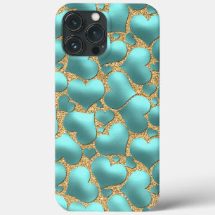 Faux Shiny Aqua Turquise Blue Heart Art Mönster