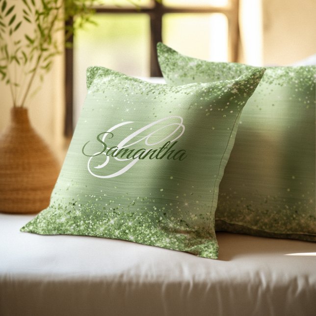 Faux Shiny Mint Grönt Glitter Foil Monogram Kudde (Mint Green Glitter Foil Monogram Throw Pillow)