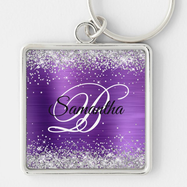 Faux Shiny Silver Glitter Amethyst Foil Monogram Fyrkantig Silverfärgad Nyckelring (Framsidan)