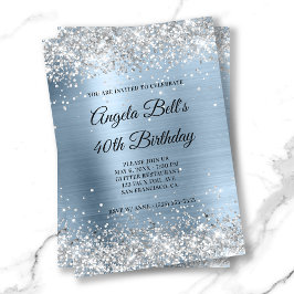 Faux Shiny Silver Glitter Blek Blue Foil Monogram Inbjudningar