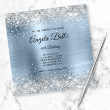 Faux Shiny Silver Glitter Blek Blue Foil Monogram